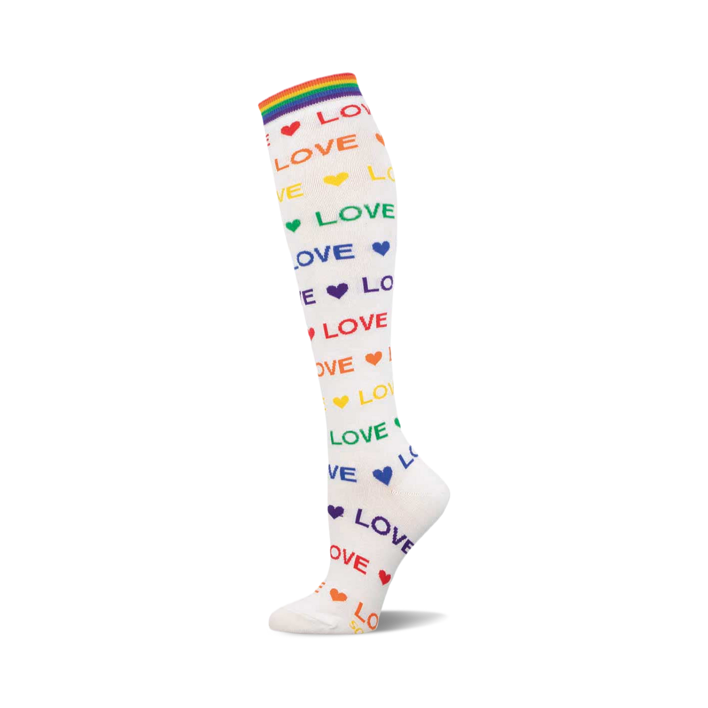 White knee-high sock with rainbow 'LOVE' text, colorful hearts, and a rainbow striped cuff. Shown on a white background.