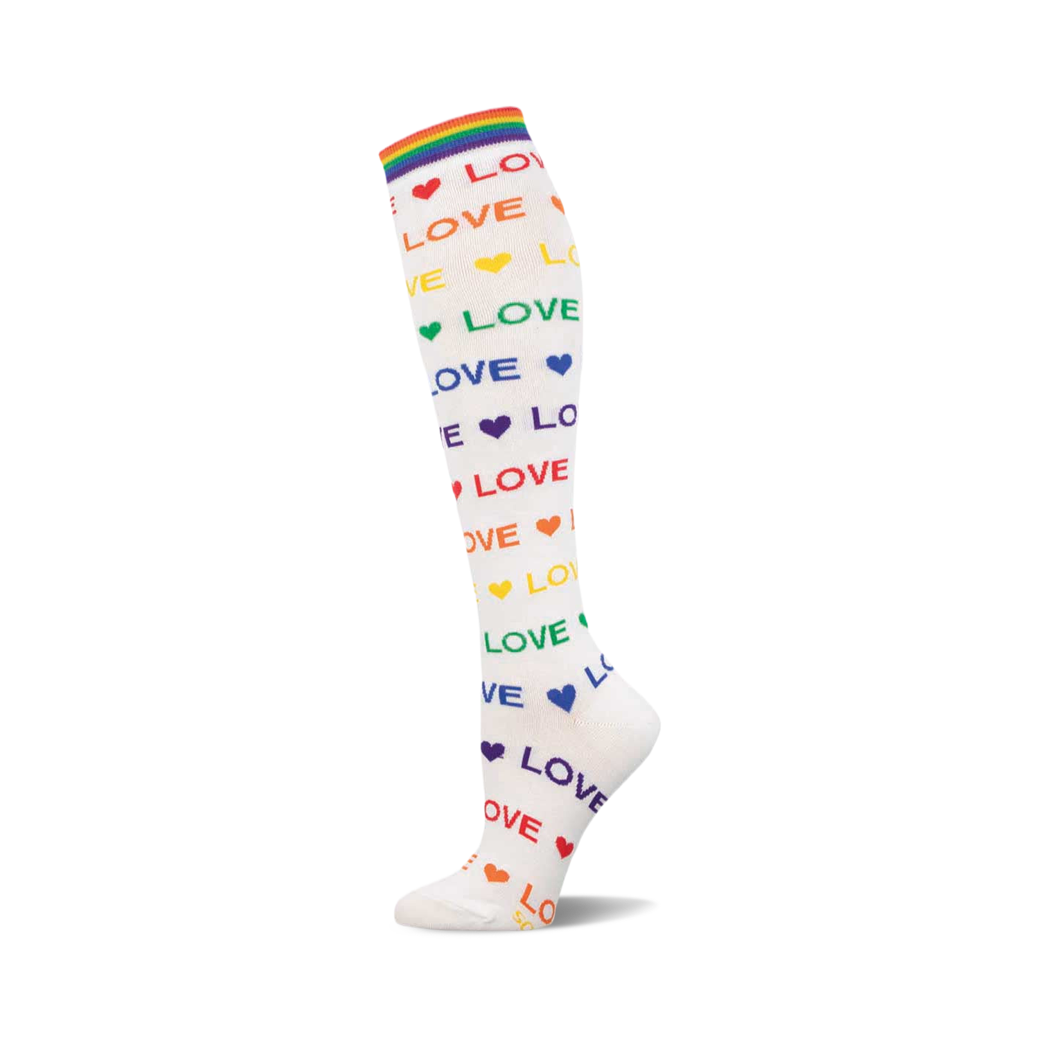 White knee-high sock with rainbow 'LOVE' text, colorful hearts, and a rainbow striped cuff. Shown on a white background.