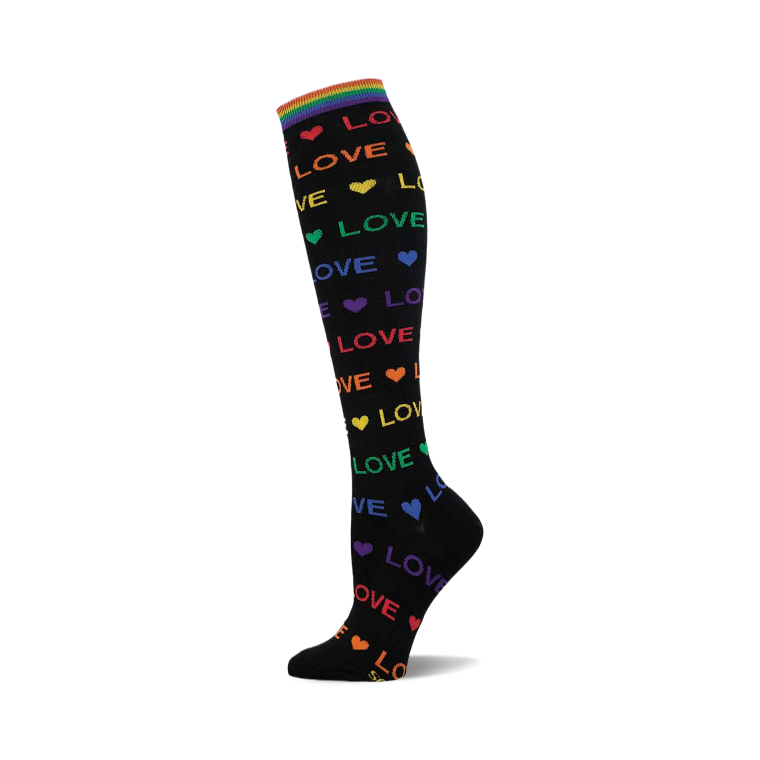 Black knee-high sock featuring a repeating 'LOVE' pattern in rainbow colors with heart accents and a rainbow striped cuff.