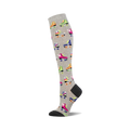 Grey knee-high socks with a pattern of colorful retro roller skates in pink, green, blue, and orange. The sock's heel and toe are dark grey.