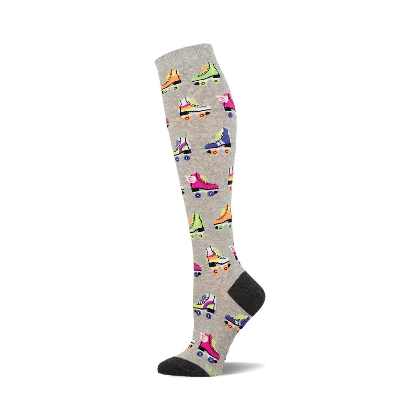 Grey knee-high socks with a pattern of colorful retro roller skates in pink, green, blue, and orange. The sock's heel and toe are dark grey.