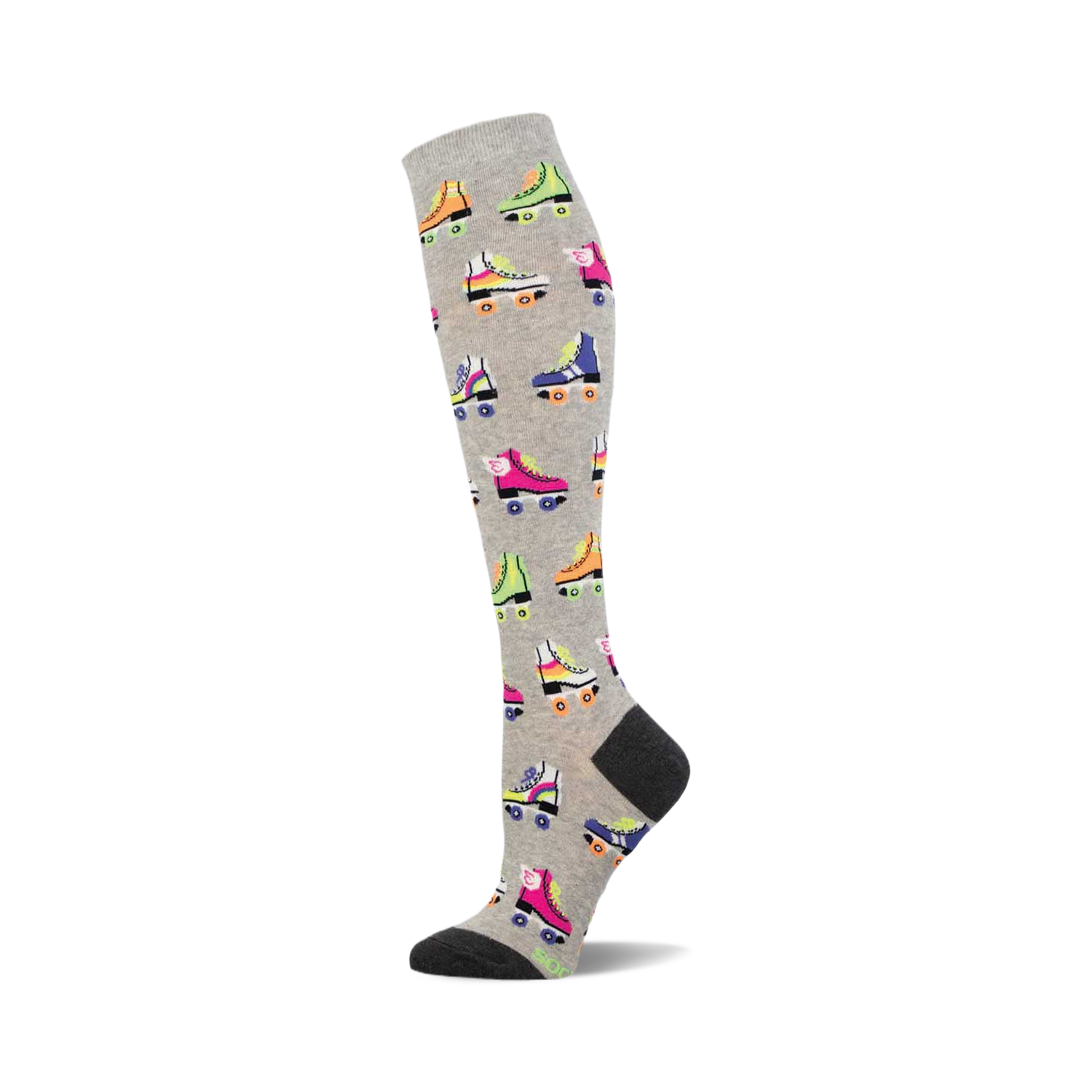Grey knee-high socks with a pattern of colorful retro roller skates in pink, green, blue, and orange. The sock's heel and toe are dark grey.