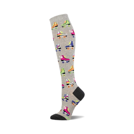 a pair of grey knee-high socks with a pattern of colorful roller skates.