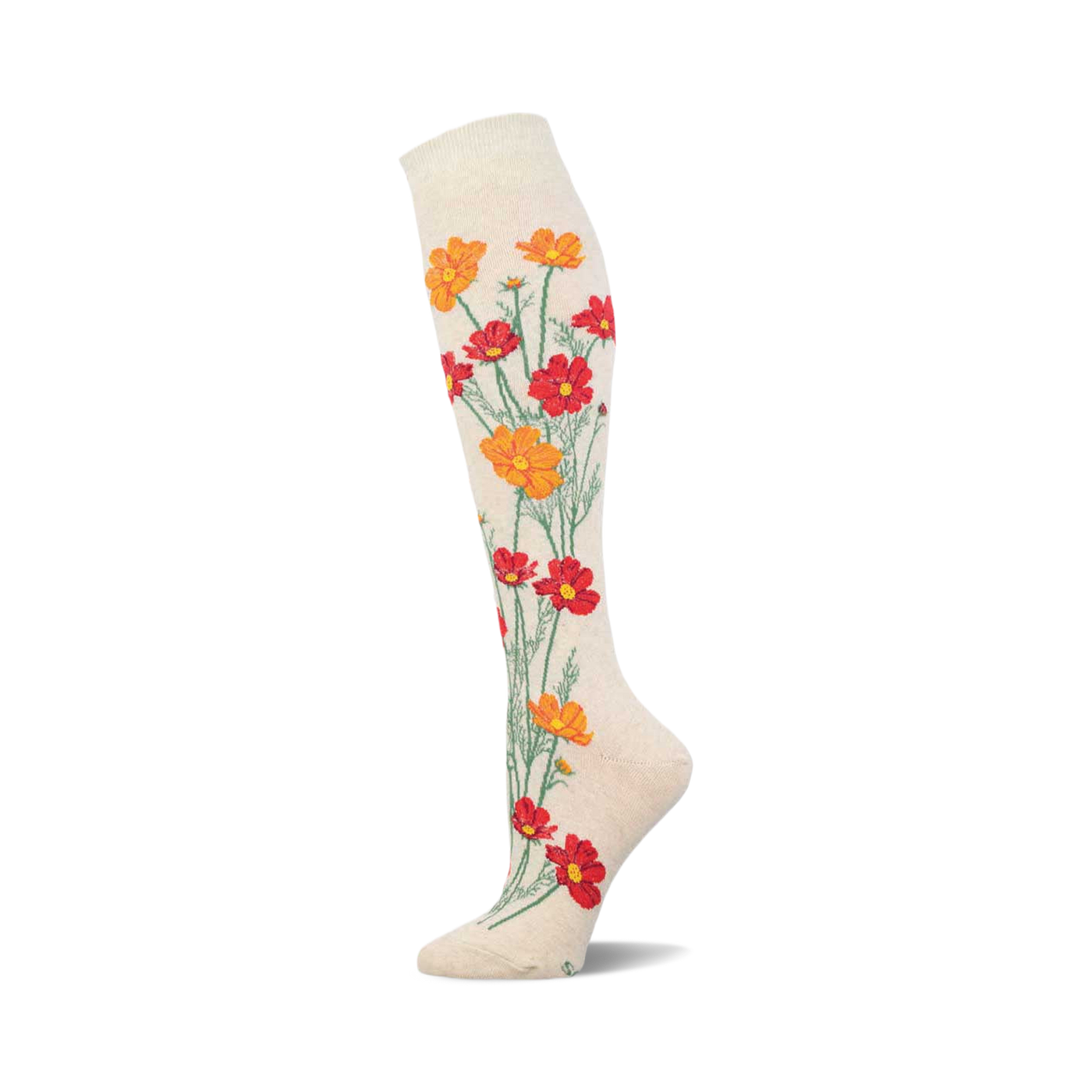Cream knee-high socks adorned with a whimsical design of orange and red cosmos flowers elegantly arranged along the leg.