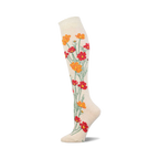 Cream knee-high socks adorned with a whimsical design of orange and red cosmos flowers elegantly arranged along the leg.