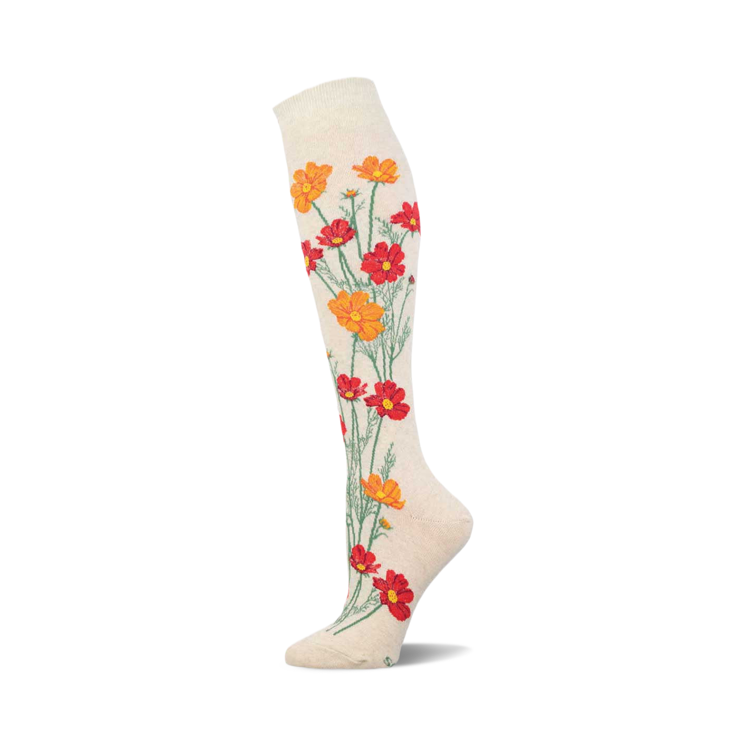 Cream knee-high socks adorned with a whimsical design of orange and red cosmos flowers elegantly arranged along the leg.