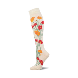 a white knee-high sock with a floral pattern of orange and red flowers.  the flowers are on a white background.  the sock is on a white background.