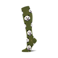 Knee-high socks in olive green with a repeating pattern of smiling panda faces.  Black and white pandas on a muted green background.