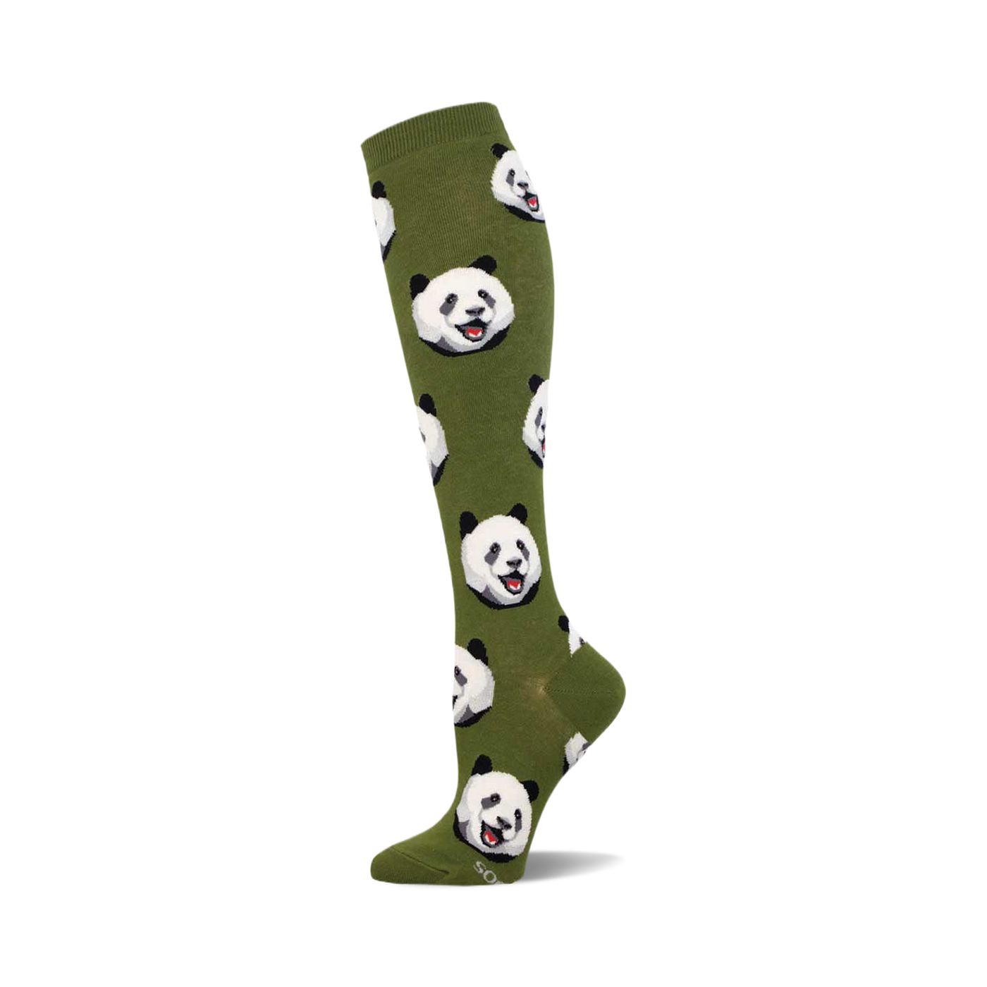 Knee-high socks in olive green with a repeating pattern of smiling panda faces.  Black and white pandas on a muted green background.