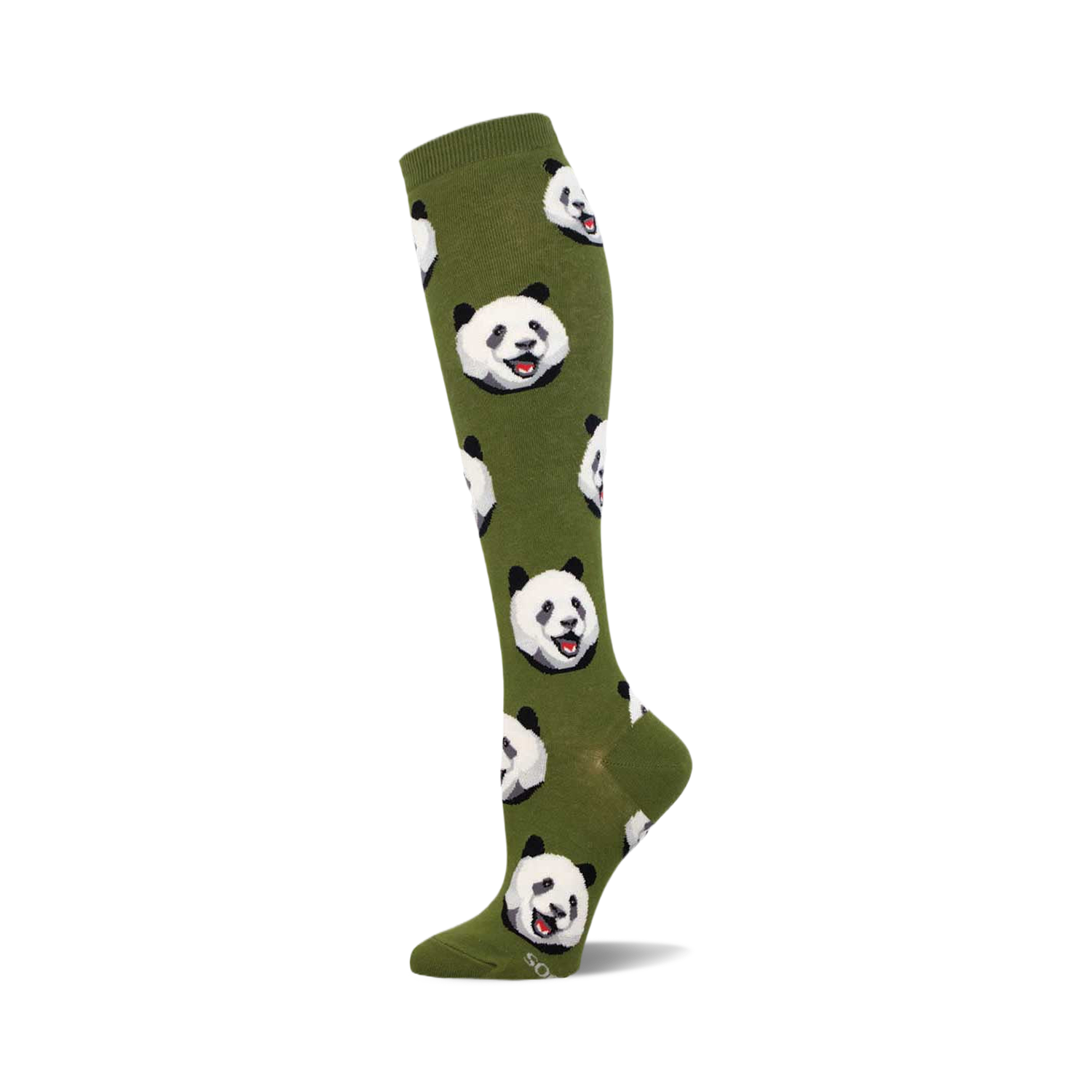 Knee-high socks in olive green with a repeating pattern of smiling panda faces.  Black and white pandas on a muted green background.