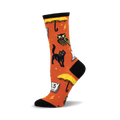 Orange crew socks with black cats, owls, Friday the 13th, and yellow umbrellas.  A fun, spooky design!