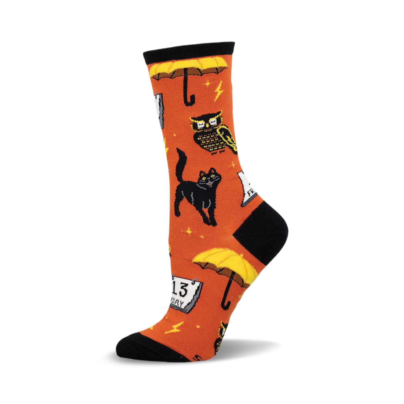 Orange crew socks with black cats, owls, Friday the 13th, and yellow umbrellas.  A fun, spooky design!