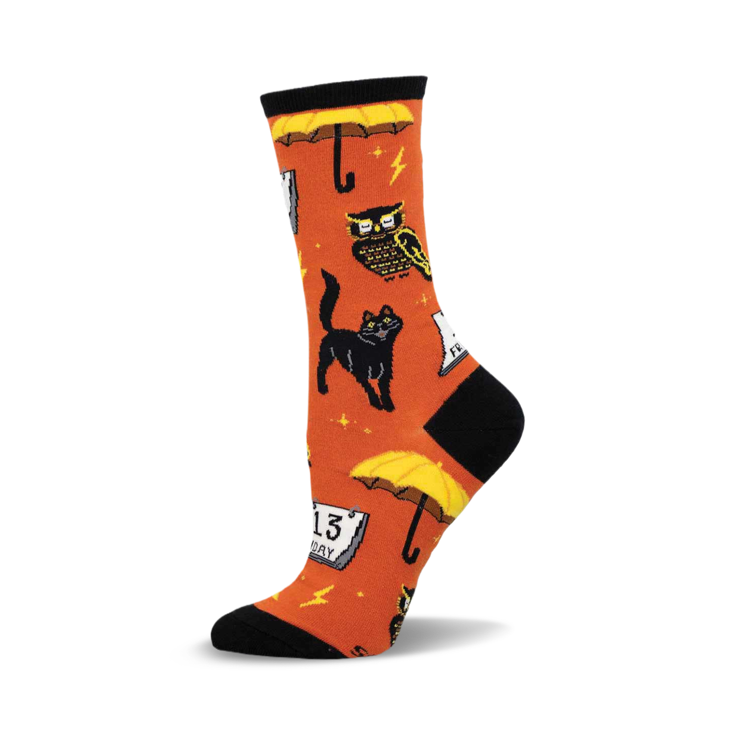 Orange crew socks with black cats, owls, Friday the 13th, and yellow umbrellas.  A fun, spooky design!