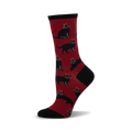 Crew socks in burgundy with a pattern of black cats wearing tiny red crowns. Black heel and toe.