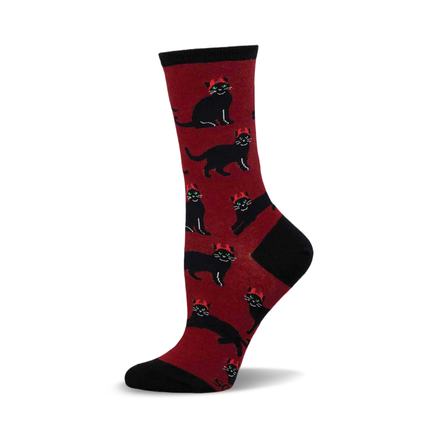 Crew socks in burgundy with a pattern of black cats wearing tiny red crowns. Black heel and toe.