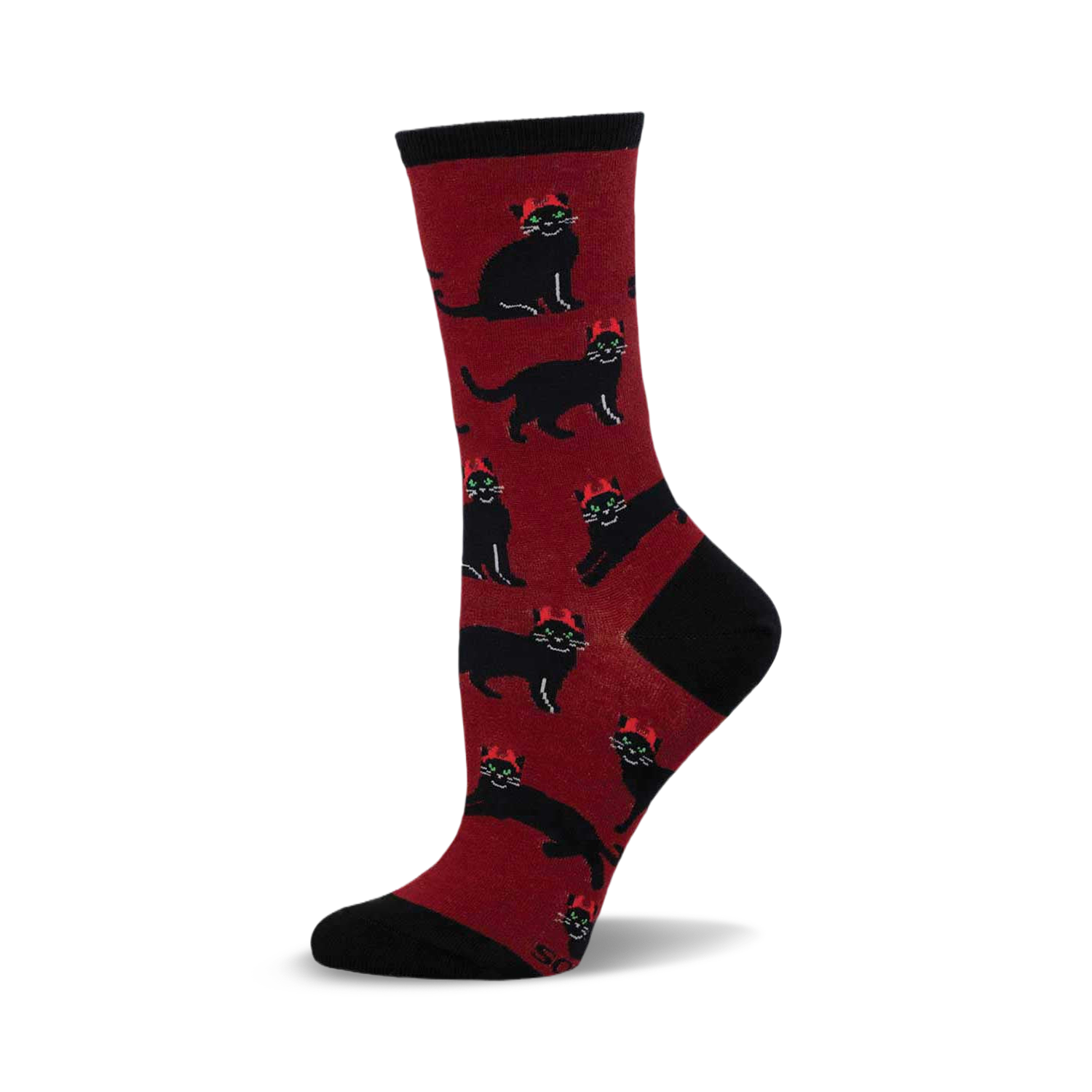 Crew socks in burgundy with a pattern of black cats wearing tiny red crowns. Black heel and toe.