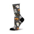 Gray crew socks with a Halloween theme. The design includes cute ghosts, jack-o'-lanterns, skulls and crossbones, and smiling pumpkin hearts.