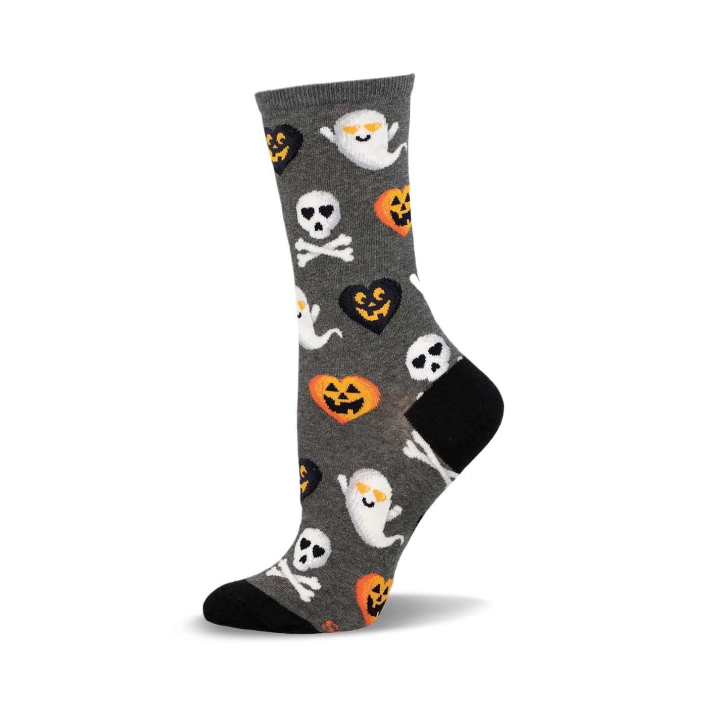 Gray crew socks with a Halloween theme. The design includes cute ghosts, jack-o'-lanterns, skulls and crossbones, and smiling pumpkin hearts.