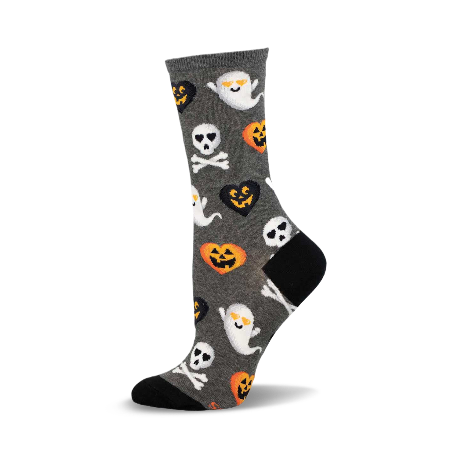 Gray crew socks with a Halloween theme. The design includes cute ghosts, jack-o'-lanterns, skulls and crossbones, and smiling pumpkin hearts.