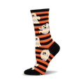 Crew socks in orange and black stripes, featuring a pattern of friendly ghosts. Perfect for Halloween!
