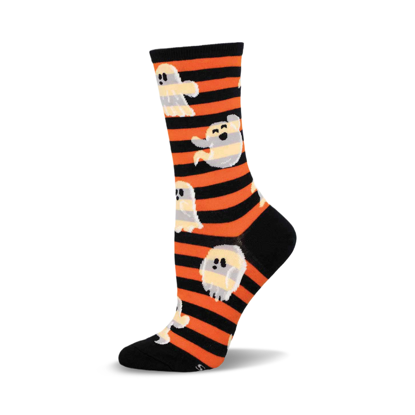 Crew socks in orange and black stripes, featuring a pattern of friendly ghosts. Perfect for Halloween!