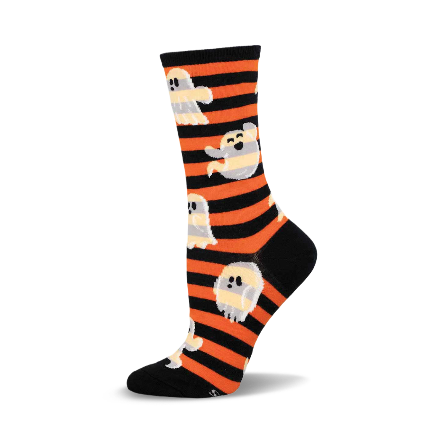 Crew socks in orange and black stripes, featuring a pattern of friendly ghosts. Perfect for Halloween!