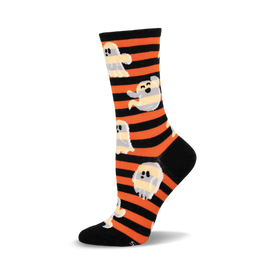 a black and orange striped sock with ghost patterns.