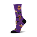 Crew socks in purple with adorable dachshunds dressed in Halloween costumes, including a skeleton, vampire, witch, and pumpkin.