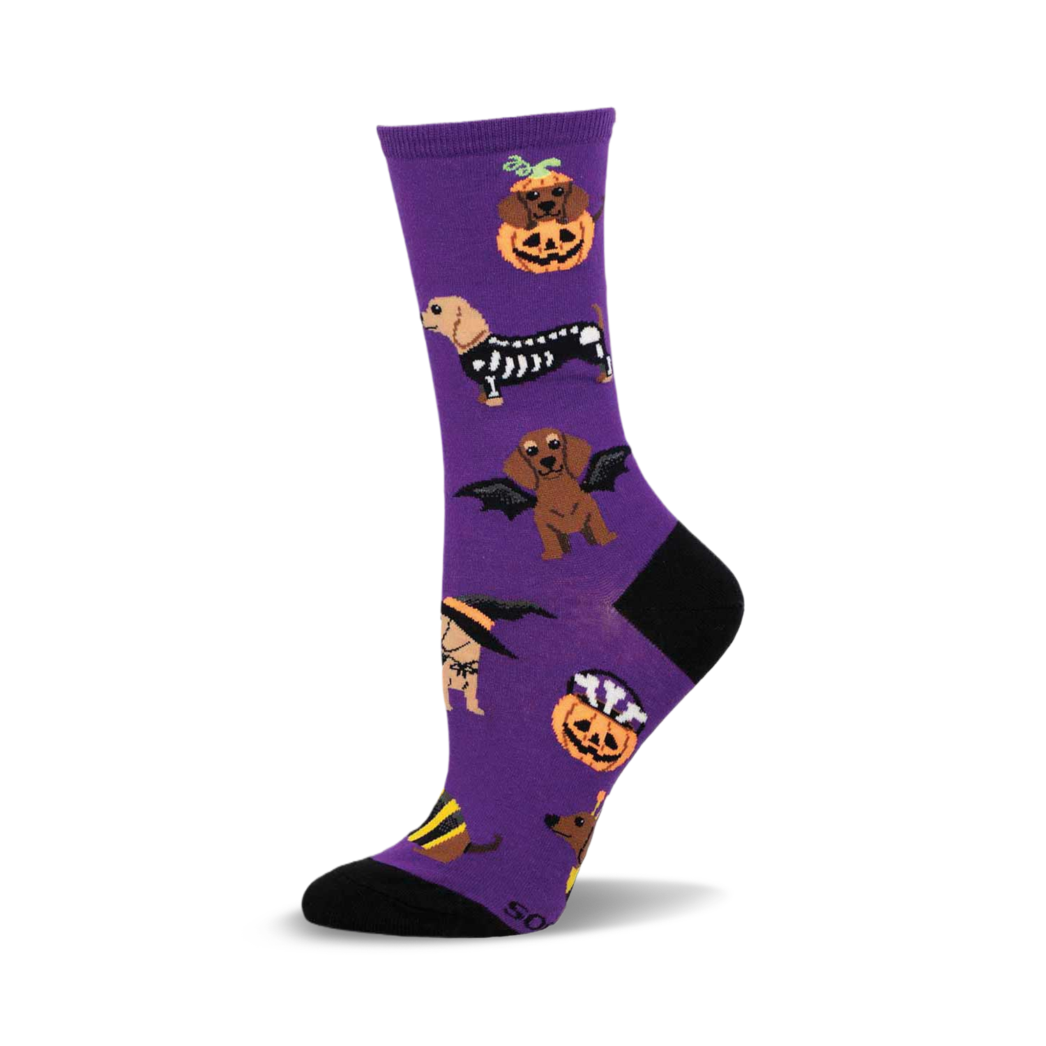 Crew socks in purple with adorable dachshunds dressed in Halloween costumes, including a skeleton, vampire, witch, and pumpkin.