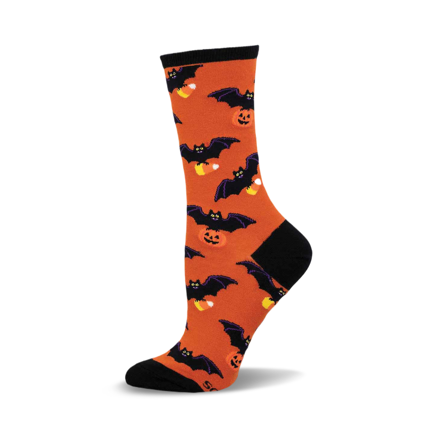 Orange crew socks with black bats and candy corn.  A fun, Halloween-themed design.