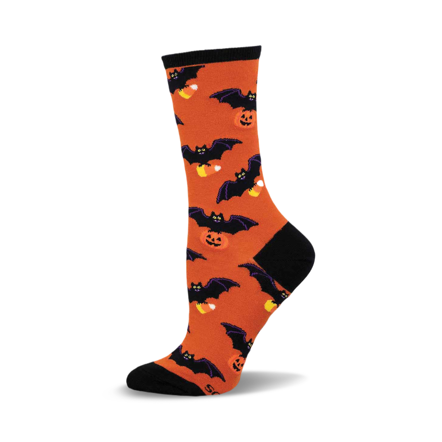 Orange crew socks with black bats and candy corn.  A fun, Halloween-themed design.