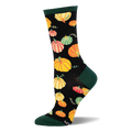 Black crew sock covered in orange, yellow, pink, and green pumpkins, finished with dark green cuffs and toes.