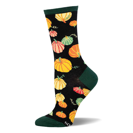 Black crew sock covered in orange, yellow, pink, and green pumpkins, finished with dark green cuffs and toes.