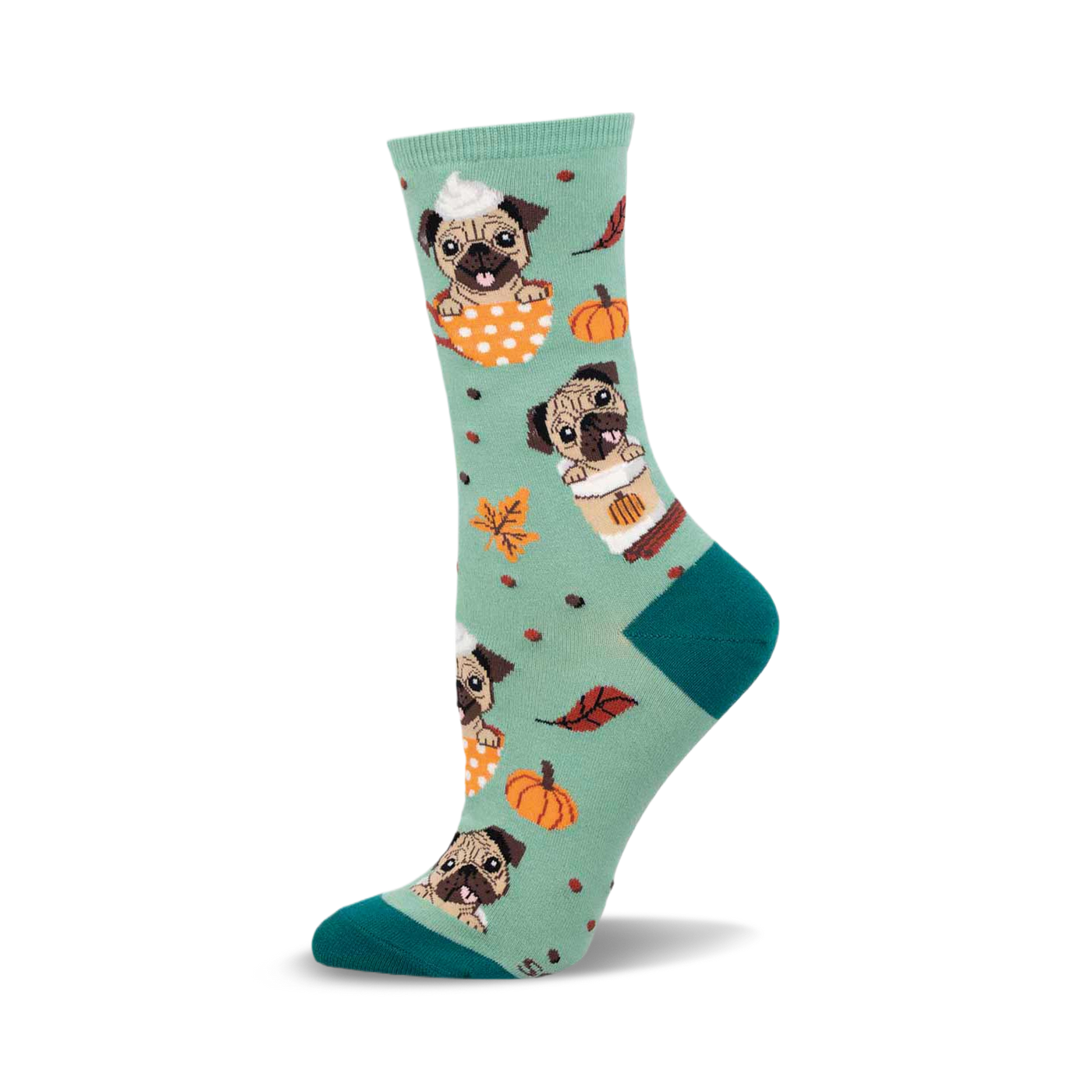 Crew socks in teal featuring pugs in pumpkin spice latte cups, orange pumpkins, and fall leaves.  Teal and orange are the main colors.