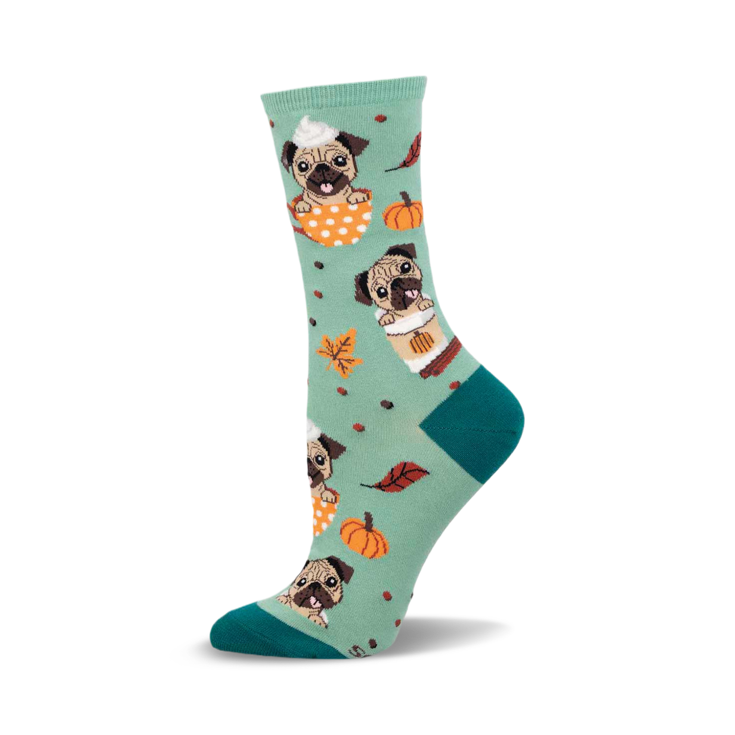 Crew socks in teal featuring pugs in pumpkin spice latte cups, orange pumpkins, and fall leaves.  Teal and orange are the main colors.