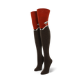 Pair of women's knee-high socks.  Dark brown with a red fox face design at the top.