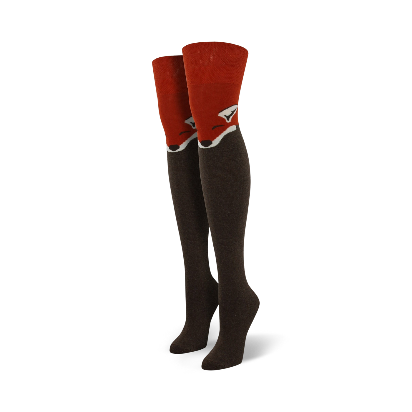 Pair of women's knee-high socks.  Dark brown with a red fox face design at the top.