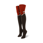 Pair of women's knee-high socks.  Dark brown with a red fox face design at the top.