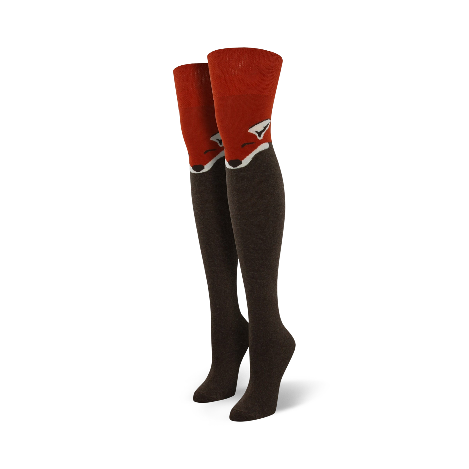 Pair of women's knee-high socks.  Dark brown with a red fox face design at the top.