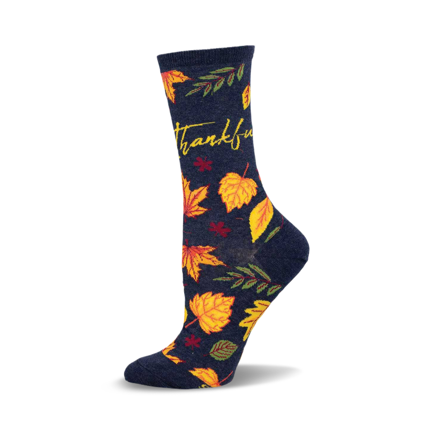 Crew socks in navy blue with yellow, orange, and red autumn leaves and the word 'Thankful' in yellow script.