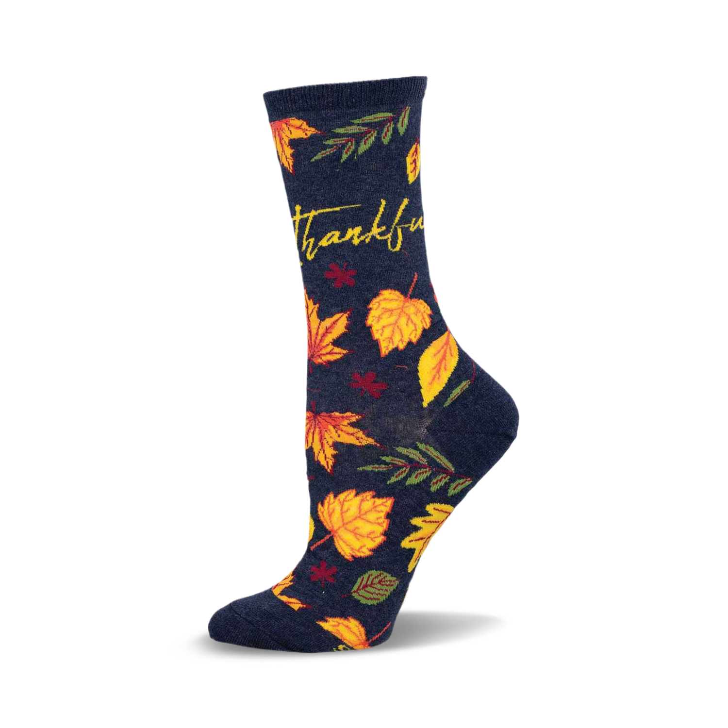 Crew socks in navy blue with yellow, orange, and red autumn leaves and the word 'Thankful' in yellow script.