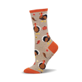 Crew socks in taupe with orange accents.  The design includes multiple illustrations of turkeys, pumpkins, and leaves.