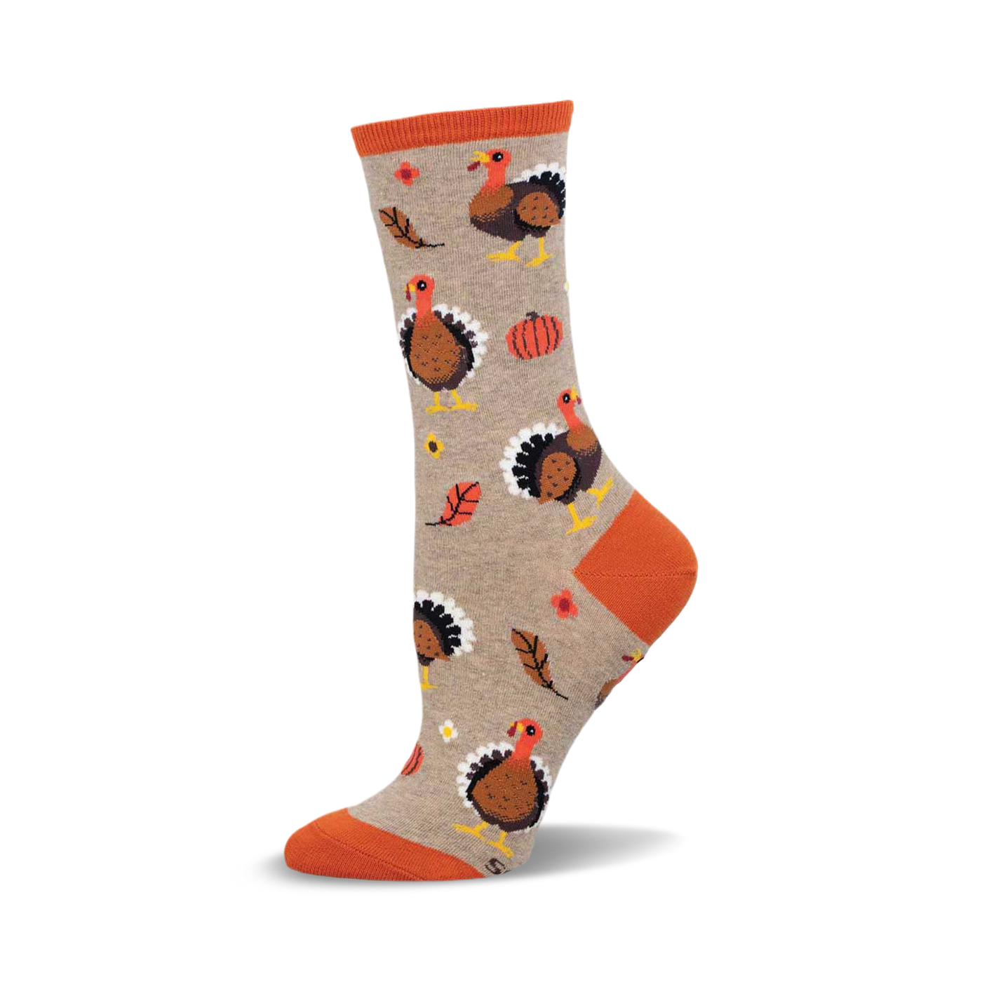 Crew socks in taupe with orange accents.  The design includes multiple illustrations of turkeys, pumpkins, and leaves.