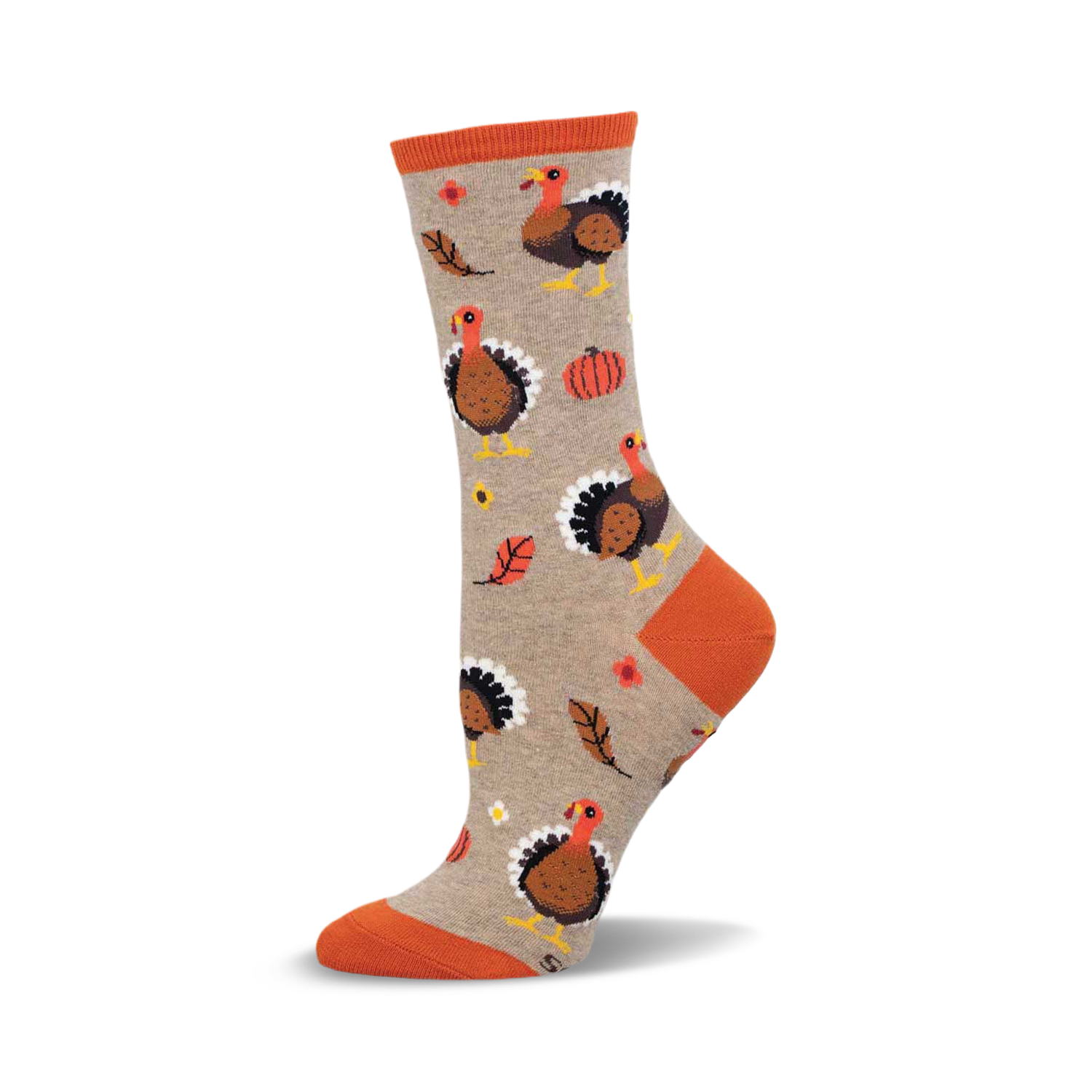 Crew socks in taupe with orange accents.  The design includes multiple illustrations of turkeys, pumpkins, and leaves.