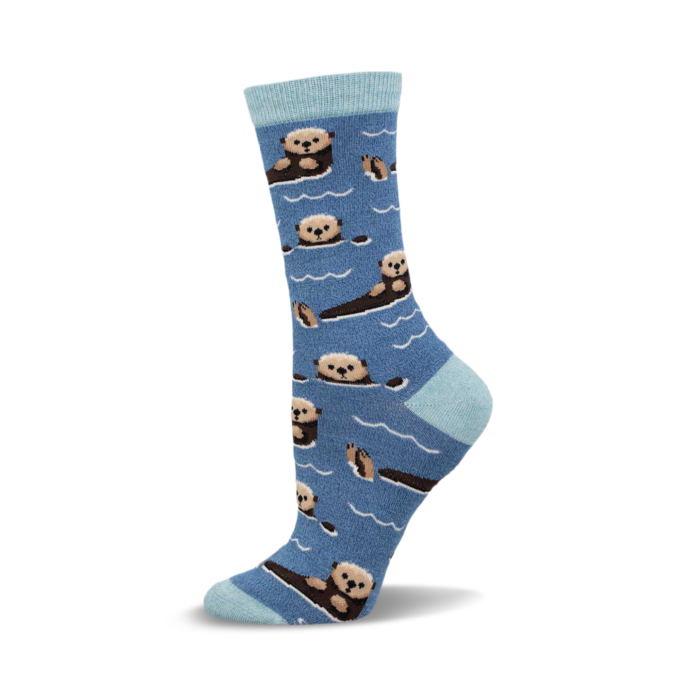 A side view of a crew sock in blue with a light blue cuff, featuring a repeating pattern of otters swimming.
