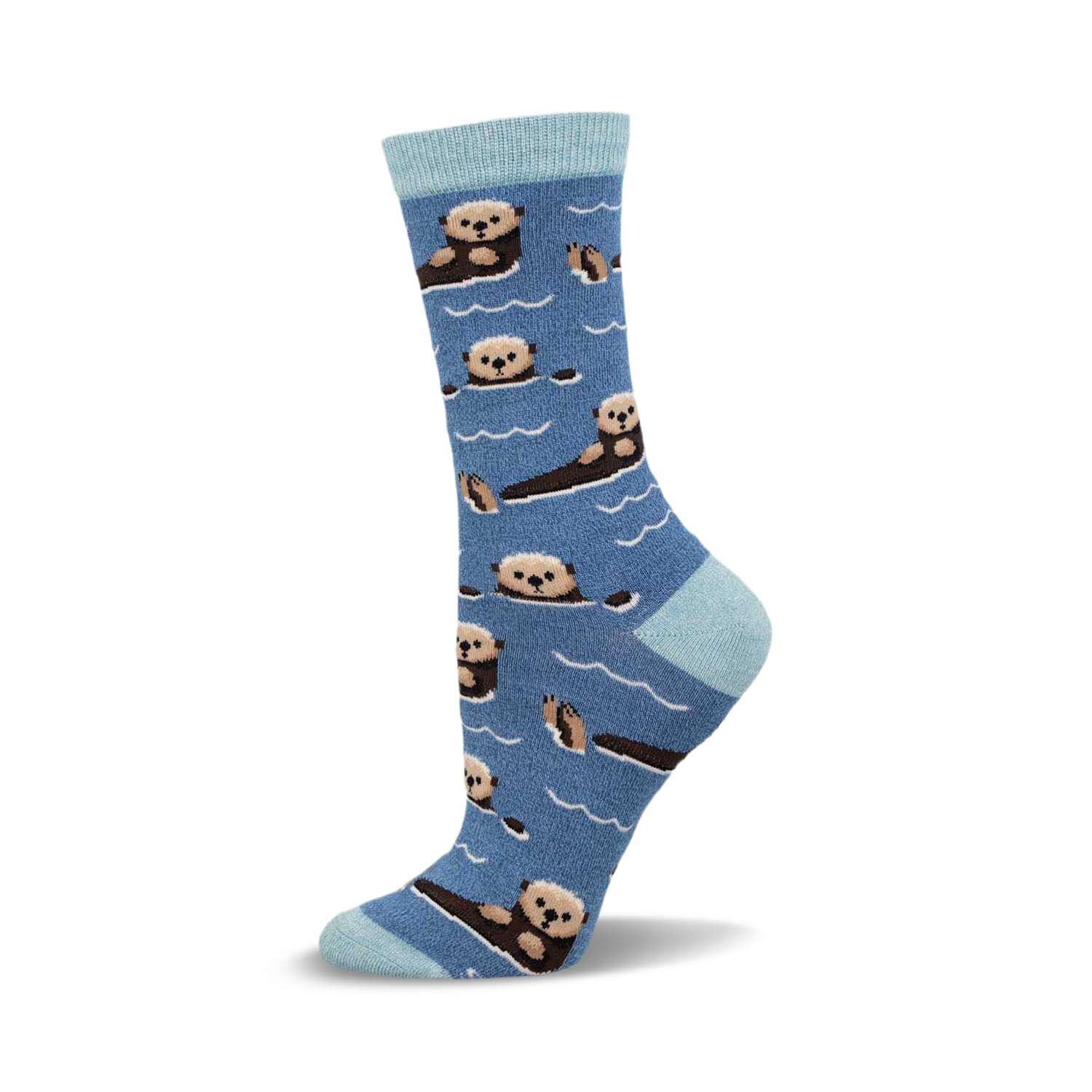 A side view of a crew sock in blue with a light blue cuff, featuring a repeating pattern of otters swimming.