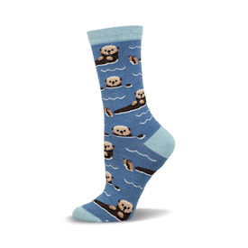 a blue sock with a light blue cuff and a pattern of sea otters swimming.