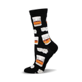 Black crew socks with a repeating pattern of whiskey glasses and ice cubes.  A fun, stylish design.