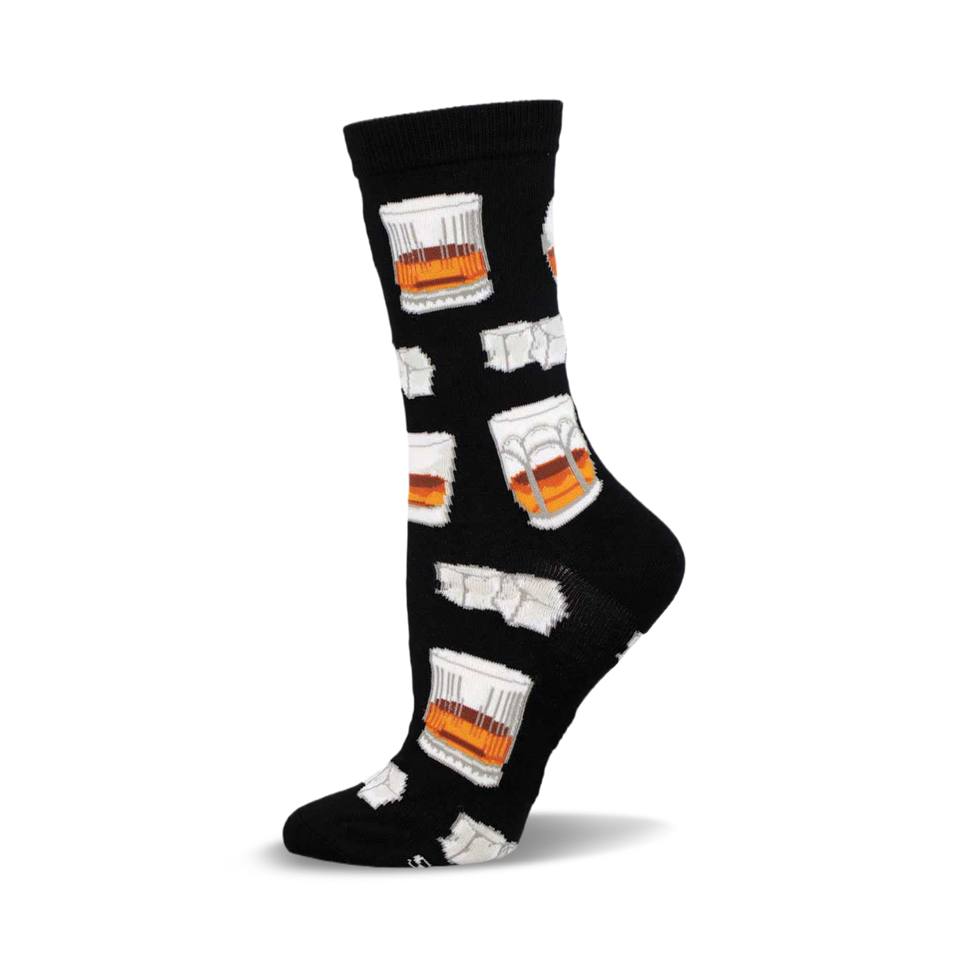 Black crew socks with a repeating pattern of whiskey glasses and ice cubes.  A fun, stylish design.