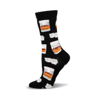 Black crew socks with a repeating pattern of whiskey glasses and ice cubes.  A fun, stylish design.